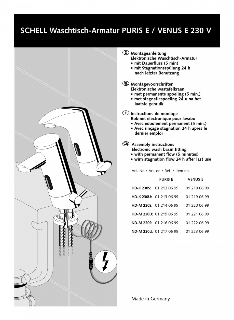 Pagina 1 - Baterii cu senzor electronic pentru lavoare - alimentate de la retea SCHELL PURIS E Tip...