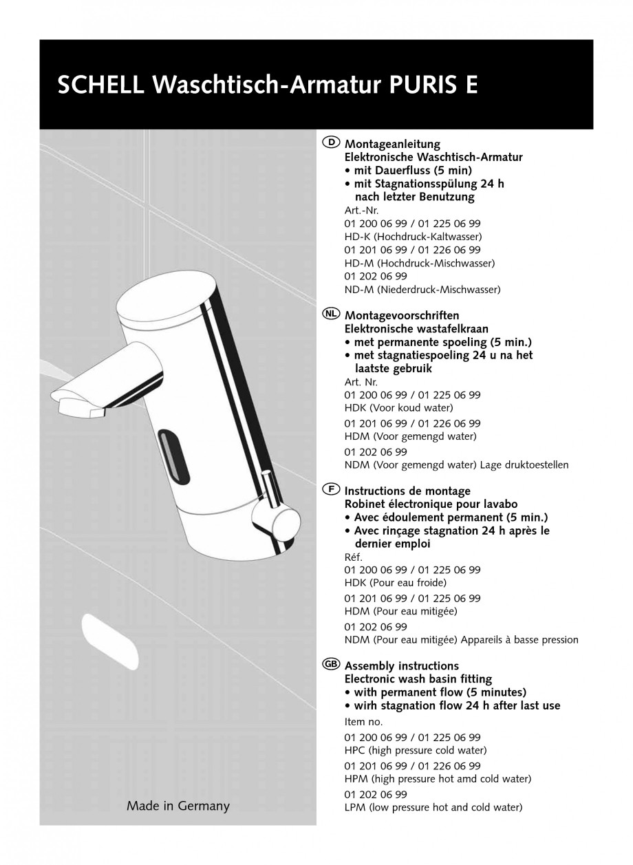 Pagina 1-Baterii cu senzor electronic pentru lavoare - cu teava de scurgere lunga SCHELL PURIS E Tip HD-K,...
