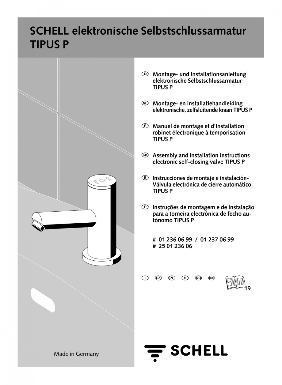 Pagina 1-Baterie cu temporizare pentru lavoar SCHELL Instructiuni montaj, utilizare Engleza, Germana,...