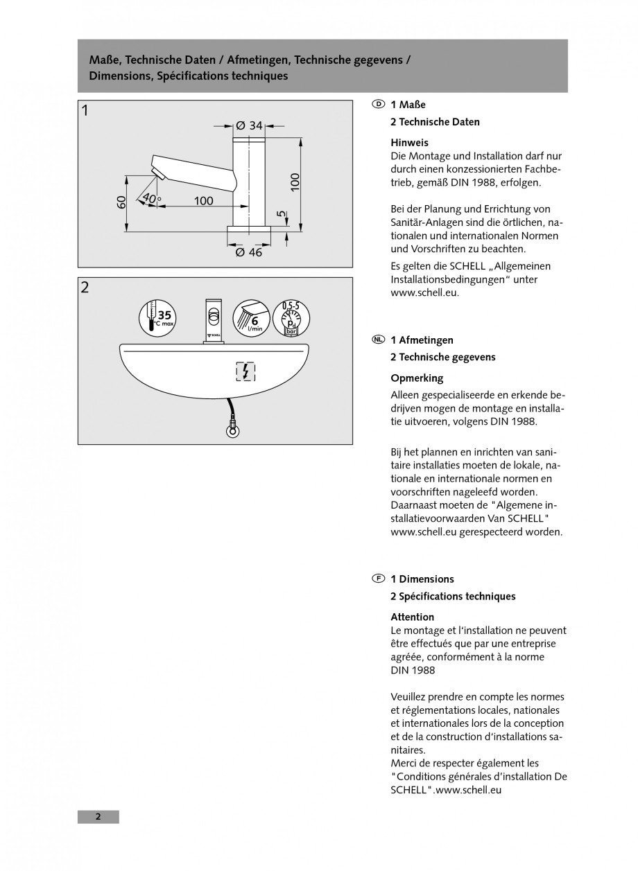 Pagina 2-Baterie cu temporizare pentru lavoar SCHELL Instructiuni montaj, utilizare Engleza, Germana,...