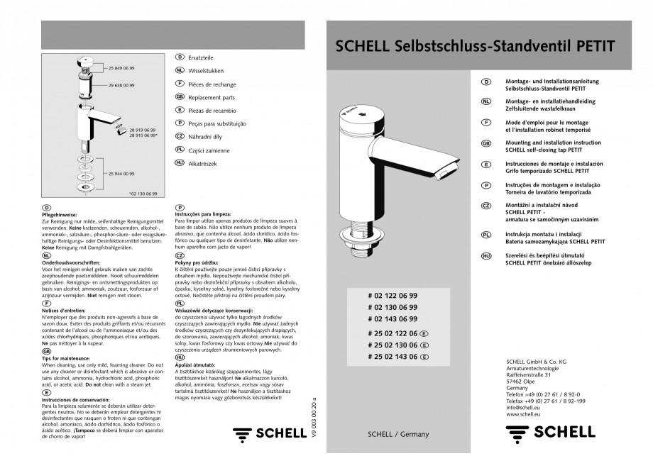Pagina 1-Baterie cu temporizare pentru lavoar SCHELL PETIT SC Instructiuni montaj, utilizare Engleza, Germana...