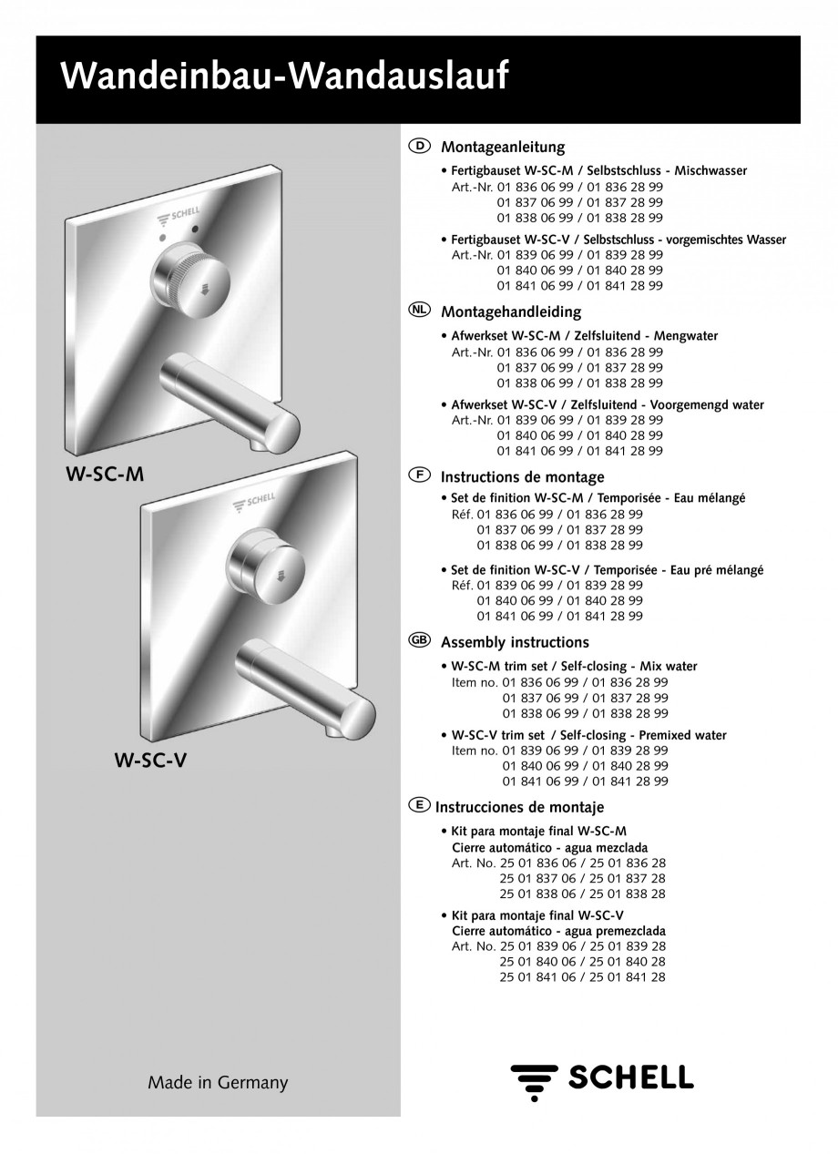 Pagina 1-Baterii cu montare in perete pentru lavoare SCHELL LINUS W-SC-M, LINUS W-SC-V Instructiuni montaj,...