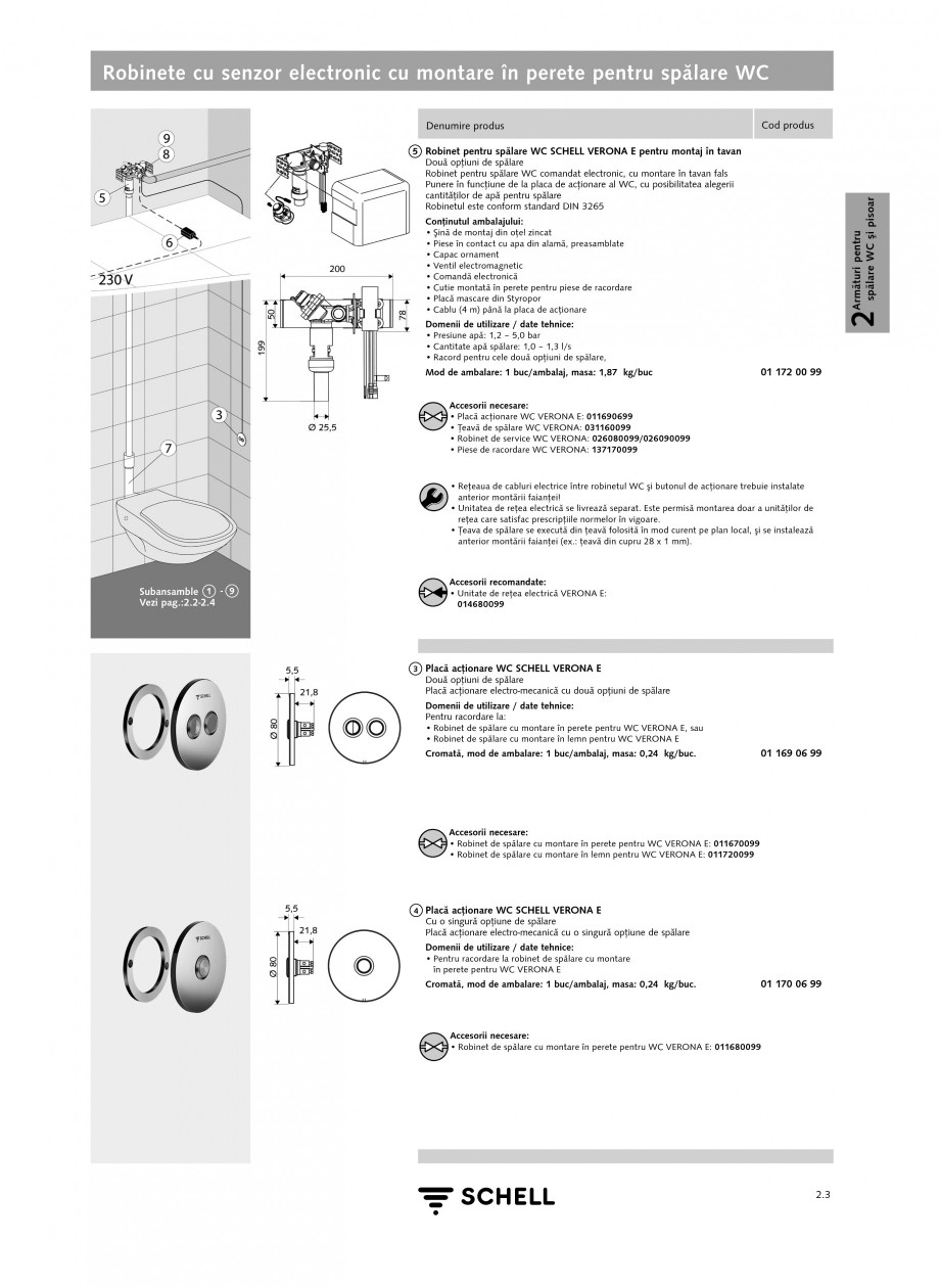 Pagina 2-Caracteristici tehnice SCHELL Robinete cu senzor electronic cu montare in perete pentru spalare WC...