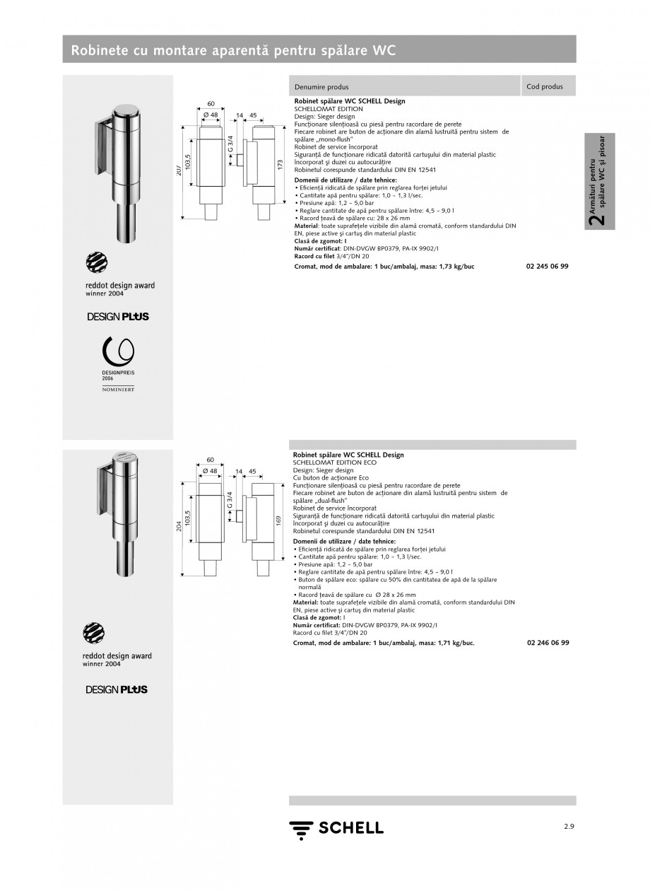 Pagina 1-Caracteristici tehnice SCHELL Robinete cu montare aparenta pentru spalare WC Fisa tehnica Romana...