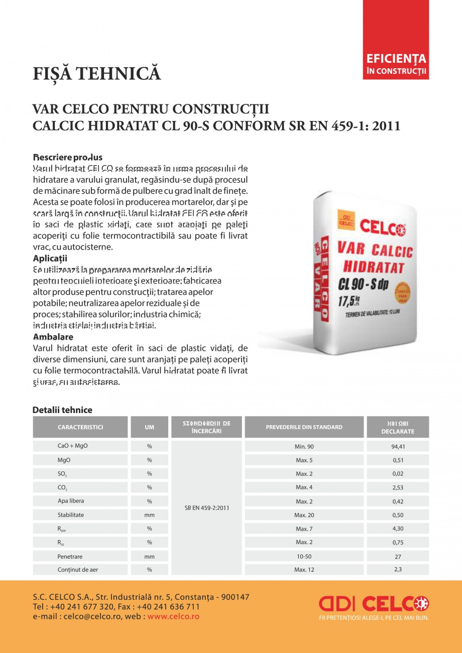 Pagina 1-Var pentru constructii calcic hidratat CELCO Var calcic hidratat CL90-S dp Fisa tehnica Romana...