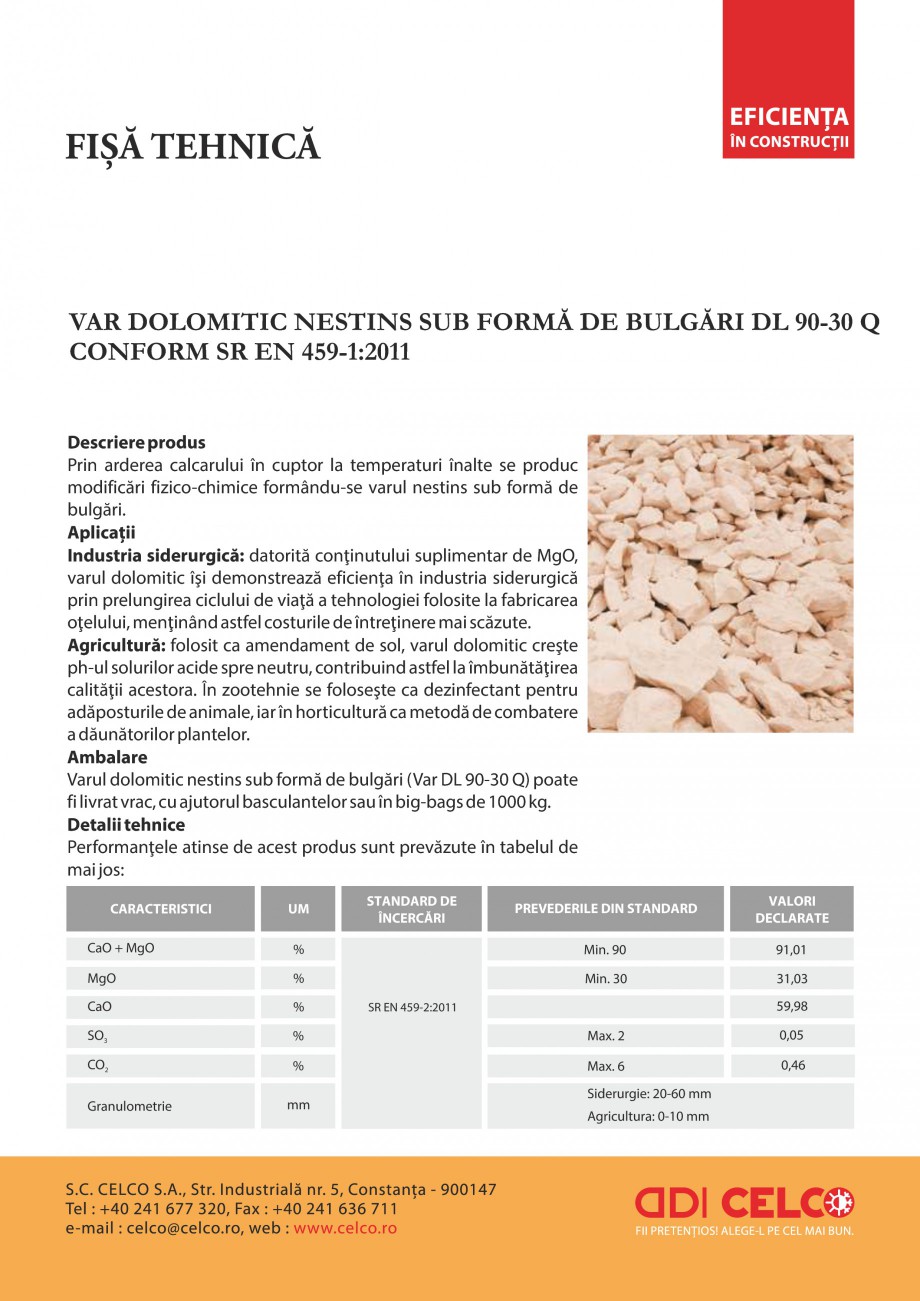 Pagina 1-Var dolomitic nestins sub forma de bulgari CELCO DL 90-30 Q Fisa tehnica Romana VAR DOLOMITIC...