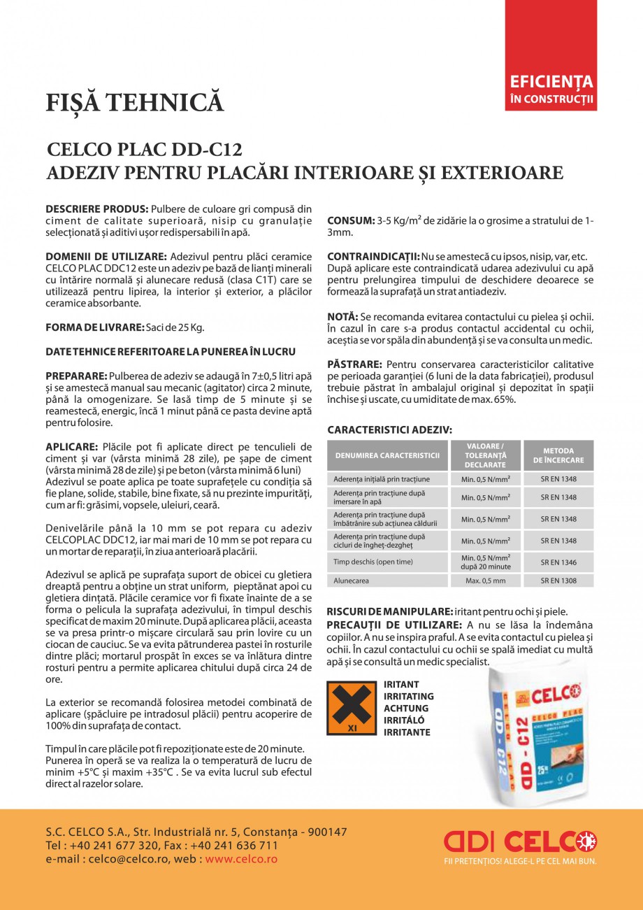 Pagina 1-Adeziv pentru placi ceramice de interior/exterior     CELCO PLAC interior-exterior DD-C12 Fisa...