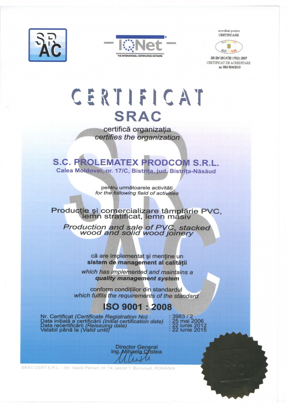 Pagina 1-Certificat ISO PROLEMATEX Certificare produs Romana 