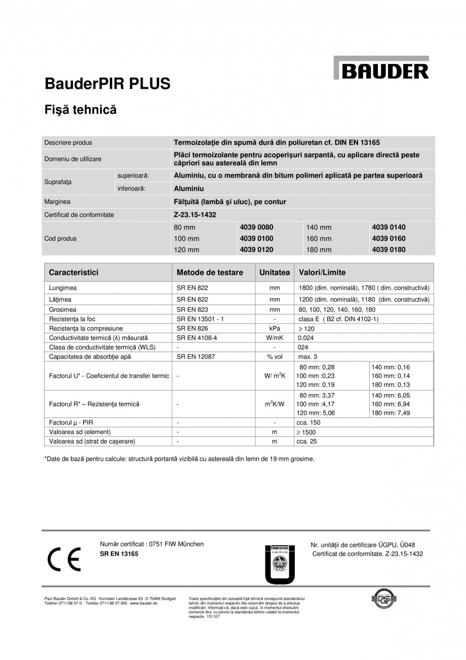 Pagina 1-Termoizolatie din spuma dura din poliuretan BAUDER PIR PLUS Fisa tehnica Engleza BauderPIR PLUS...