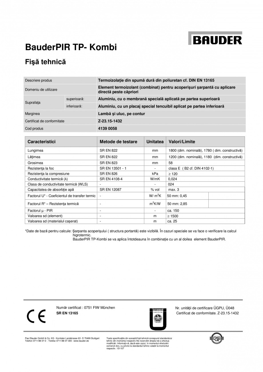Pagina 1-Termoizolatie din spuma dura din poliuretan BAUDER PIR TP-Kombi Fisa tehnica Engleza BauderPIR TP-...