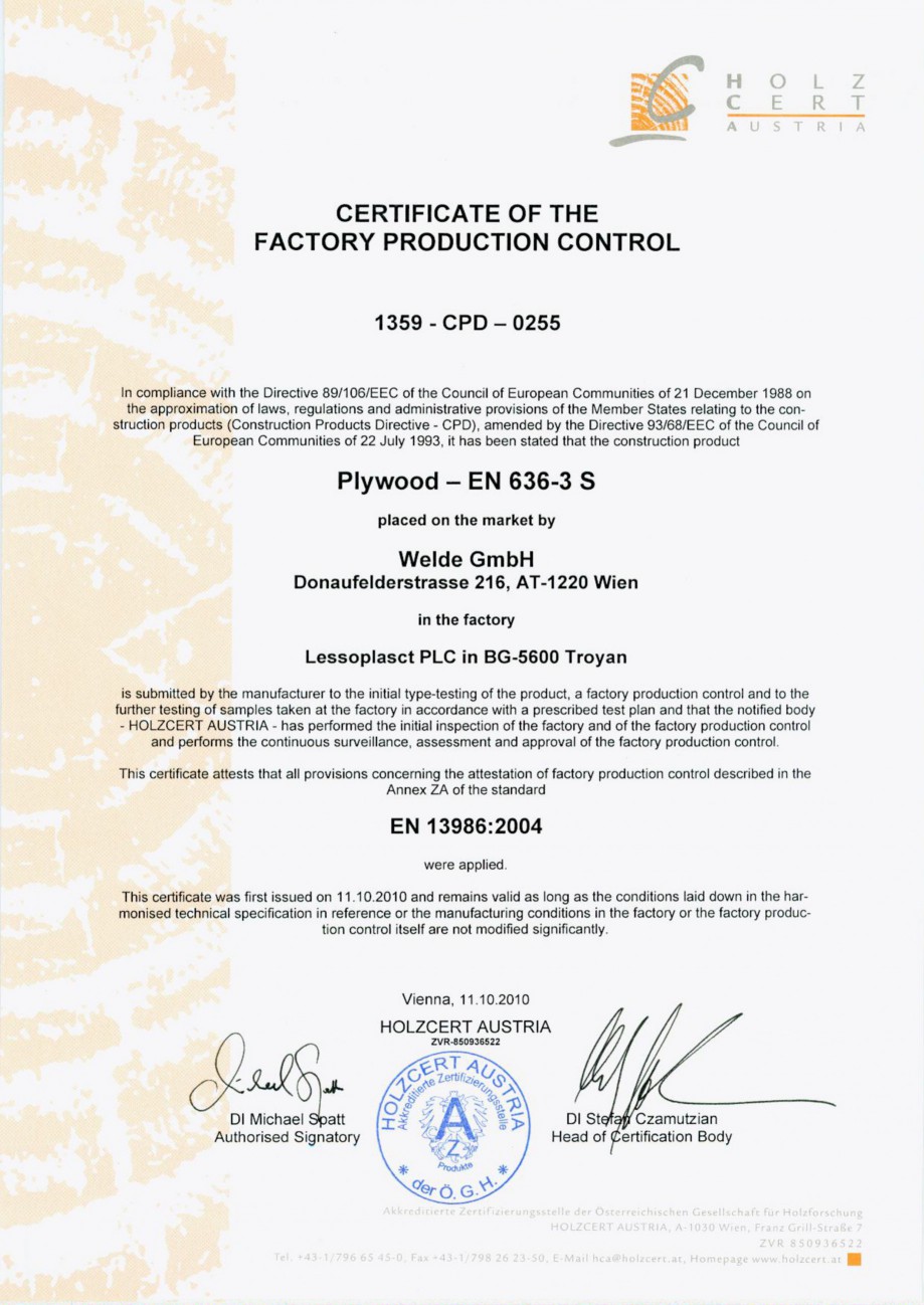 Pagina 1-Placaj brut - Certificat control productie placaj WELDE Certificare produs Engleza 