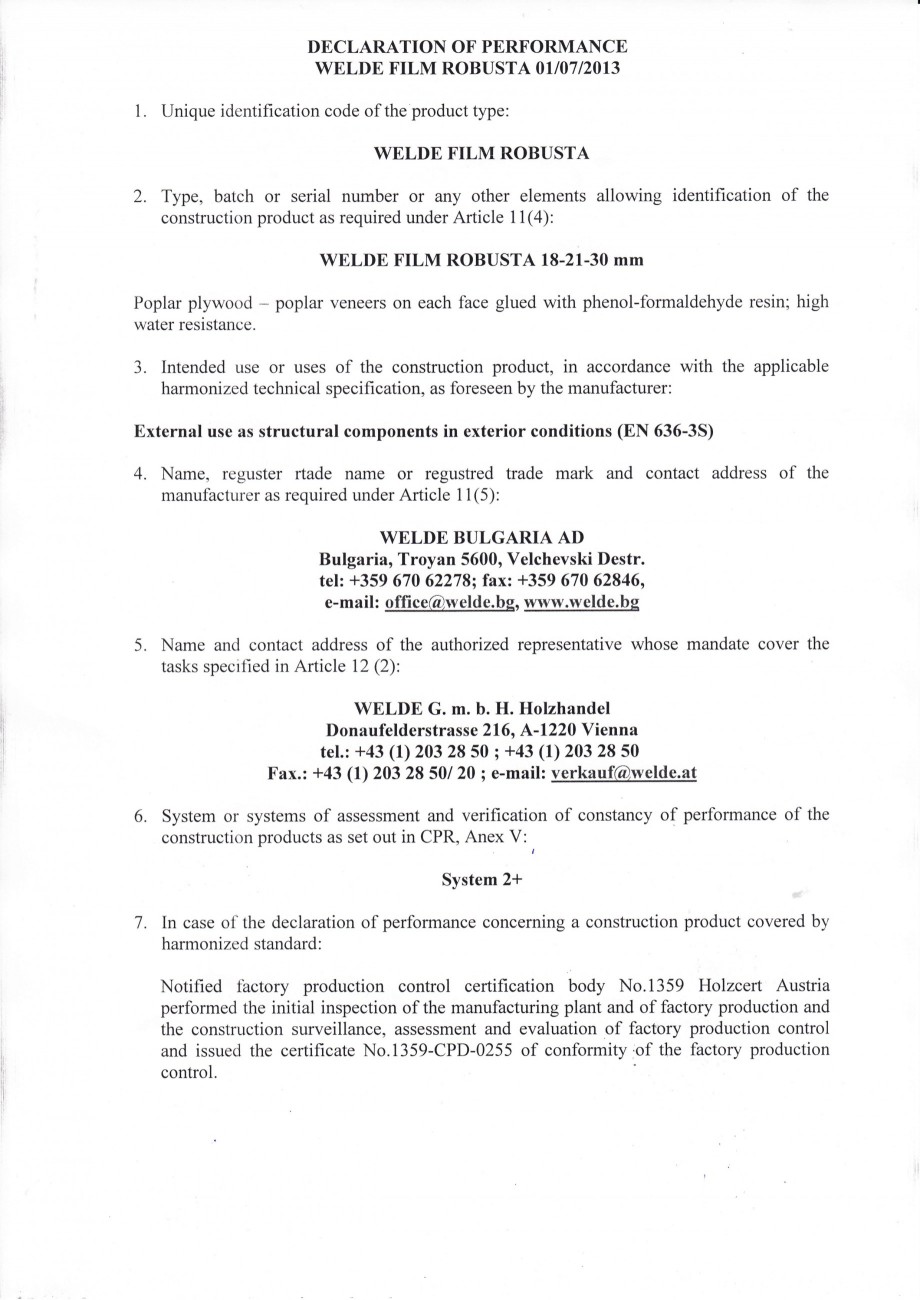 Pagina 1-Placaj brut - Declaratia de performanta WELDE Certificare produs Engleza DECLARATION OF PE,RFORMANCE...