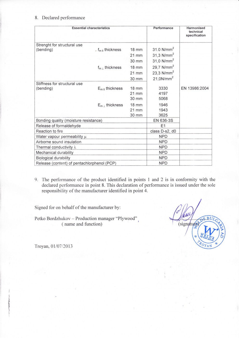 Pagina 2-Placaj brut - Declaratia de performanta WELDE Certificare produs Engleza tasks specified in Article ...
