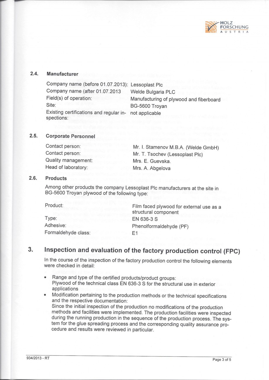 Pagina 2-Placaj brut - Raport de inspectie 2013 WELDE Certificare produs Engleza 