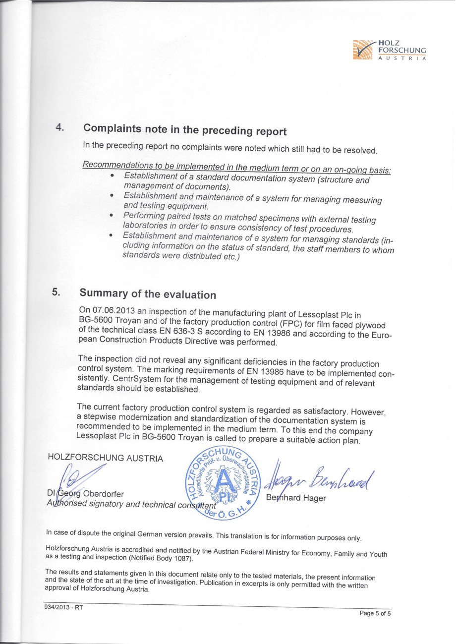 Pagina 4 - Placaj brut - Raport de inspectie 2013 WELDE Certificare produs Engleza 