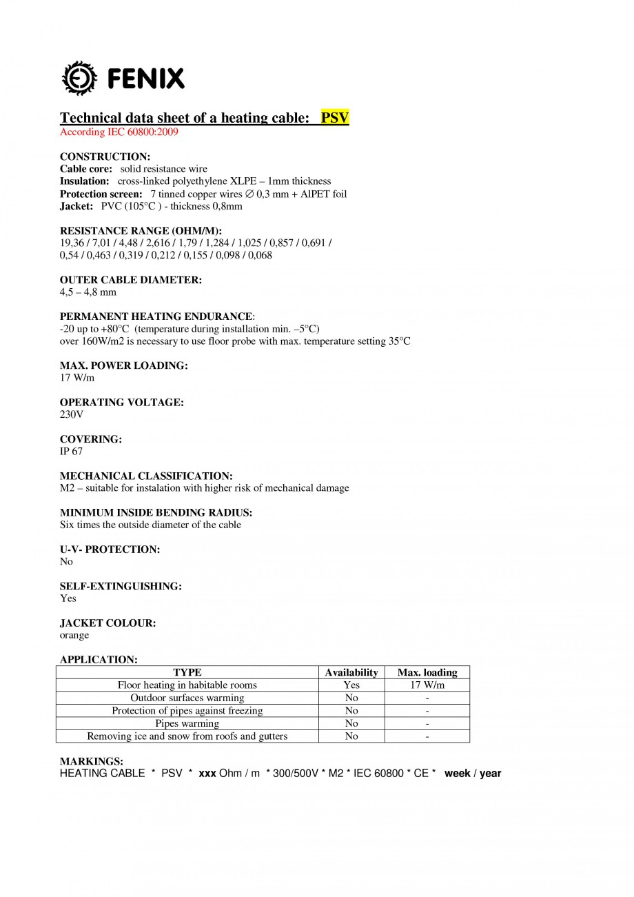 Pagina 1-Cablu incalzitor in pardoseala FENIX ECOFLOOR PSV Fisa tehnica Engleza Technical data sheet of a...