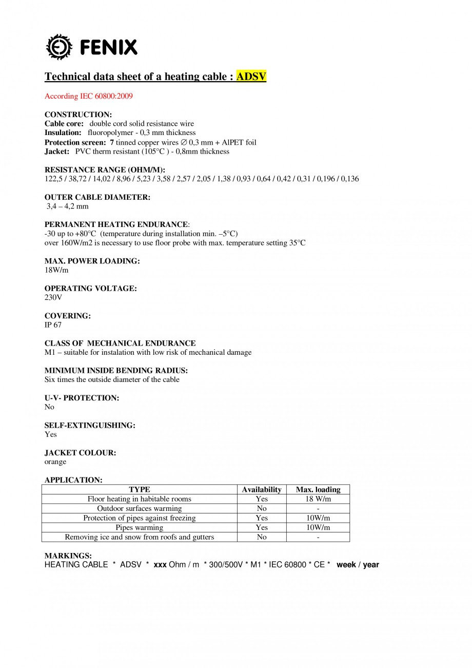 Pagina 1-Cablu incalzitor in pardoseala FENIX ECOFLOOR ADSV Fisa tehnica Engleza Technical data sheet of a...