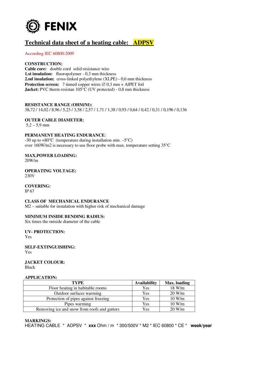 Pagina 1-Cablu incalzitor pentru degivrare FENIX ADPSV Fisa tehnica Engleza Technical data sheet of a heating...