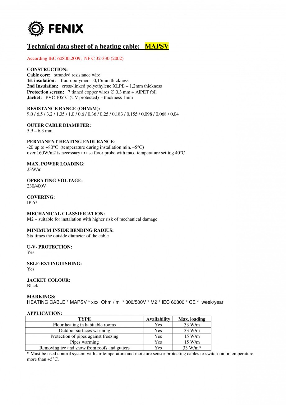Pagina 1-Cablu incalzitor pentru degivrare FENIX MAPSV Fisa tehnica Engleza Technical data sheet of a heating...