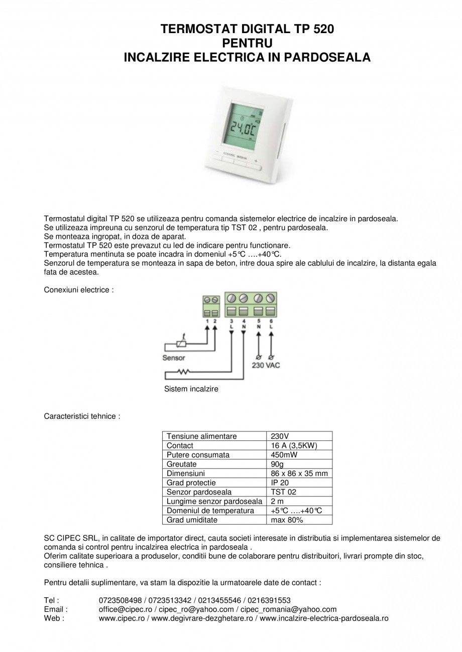 Pagina 1-Termostat digital pentru incalzire electrica in pardoseala I-WARM TP 520 Fisa tehnica Romana...