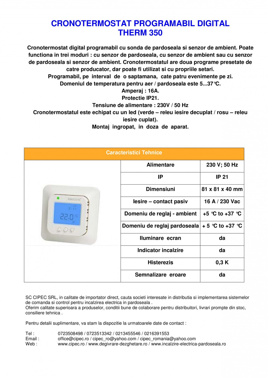 Pagina 1-Cronotermostat digital programabil EBECO THERM 350 Fisa tehnica Romana CRONOTERMOSTAT PROGRAMABIL...