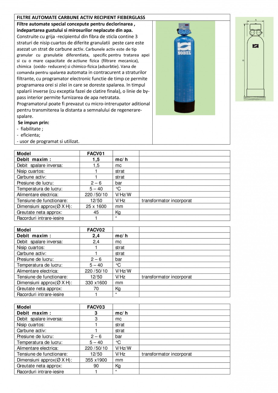 Pagina 1-Filtre automate carbune activ recipient Fieberglass  NOBEL FACV01,  FACV02,  FACV03,  FACV04, ...