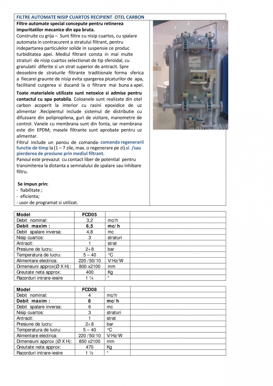 Pagina 1-Filtre automate nisip cuartos recipient otel carbon NOBEL FCD05, FCD08, FCD11, FCD15, FCD20, FCD25, ...