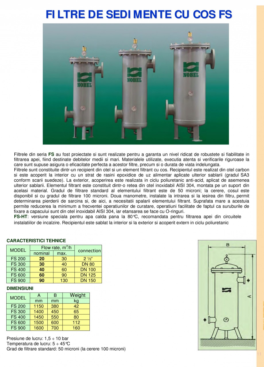 Pagina 11-Filtre de apa pentru uz casnic si industrial NOBEL FTA 070, FTA 050 Specificații tehnice Romana...
