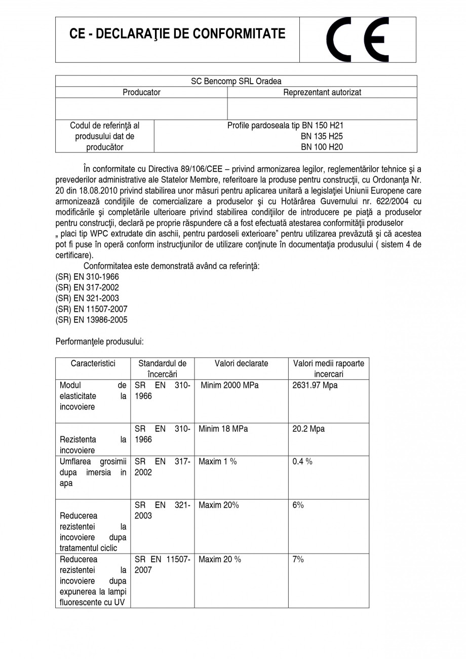 Pagina 1-Declaratie de conformitate placi material compozit WPC BENCOMP Certificare produs Romana CE -...