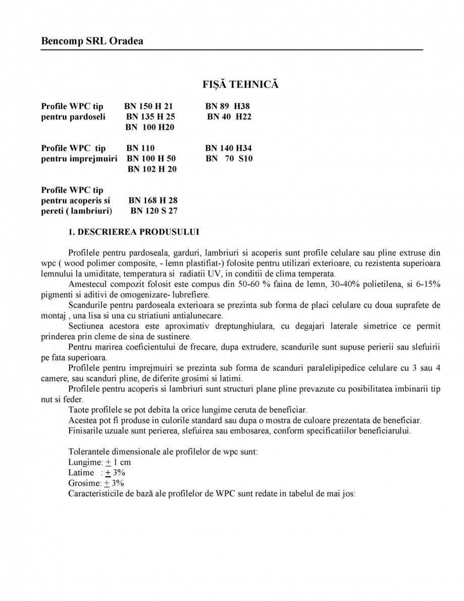 Pagina 1 - Profile din lemn WPC BENCOMP din WPC Fisa tehnica Romana 