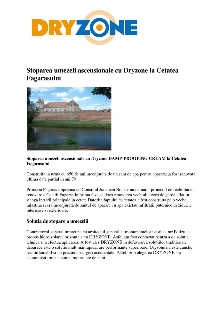 Pagina 1-Stoparea umezelii ascensionale cu Dryzone la Cetatea Fagarasului DRYHOUSE VISION Lucrari, proiecte...