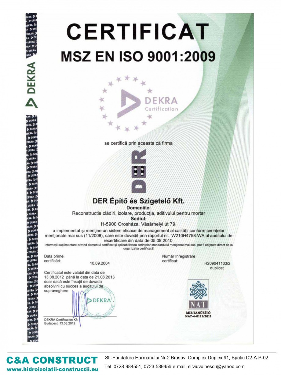 Pagina 1-Certificat MZS EN ISO 9001:2009 DRYHOUSE VISION DER POR Certificare produs Romana 