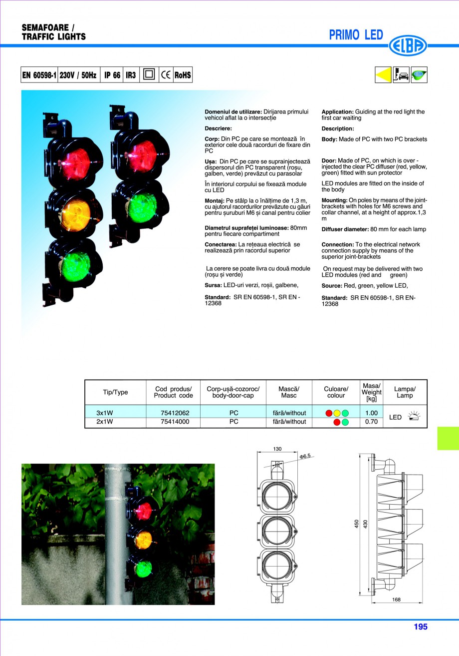 Pagina 1-Semafor ELBA-COM PRIMO LED Fisa tehnica Romana, Engleza 