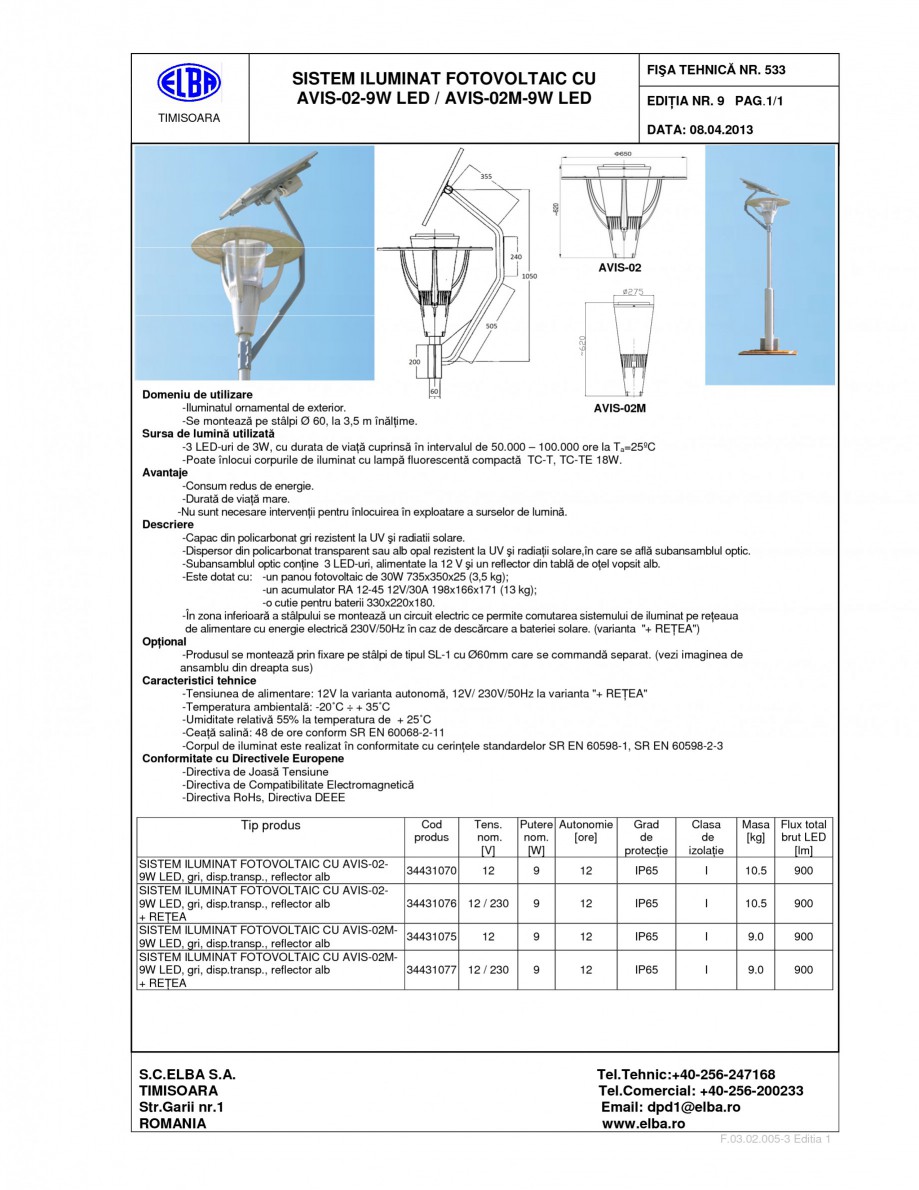 Pagina 1-Sistem de iluminat Fotovoltaic ELBA-COM AVIS 02 9W LED Fisa tehnica Romana, Engleza SISTEM ILUMINAT ...