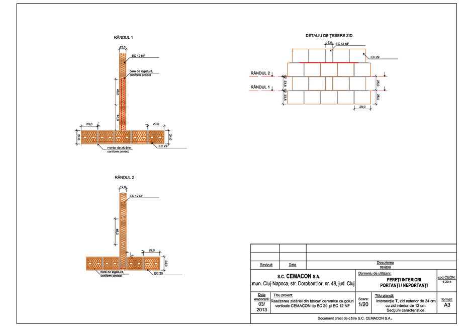 Pagina 1-CAD-PDF Intersectie in T, zid exterior de 24 cm cu zid interior de 12 cm CEMACON Detaliu de montaj...