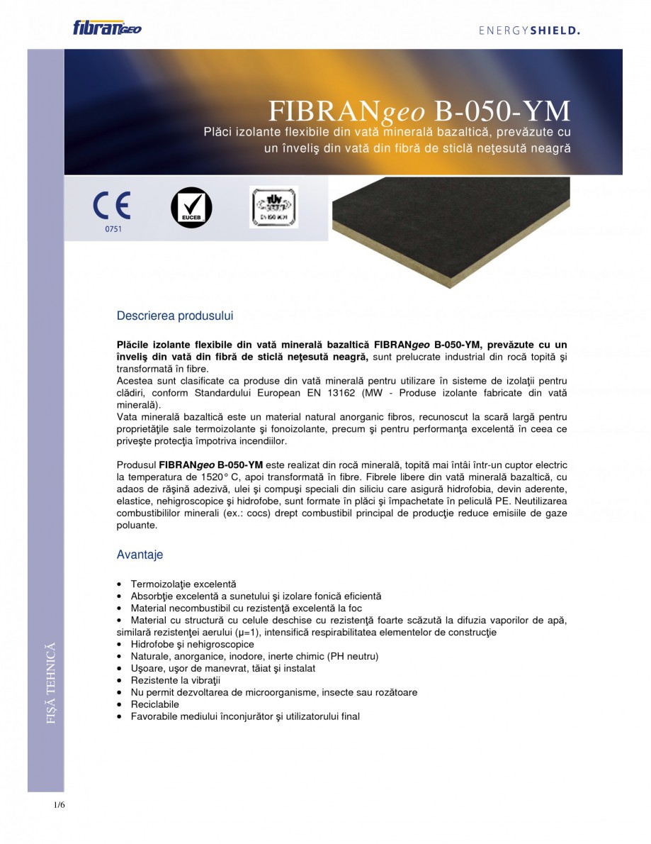 Pagina 1-Placi izolante flexibile FIBRANgeo Β-050-YM Fisa tehnica Romana Plăci izolante flexibile din...