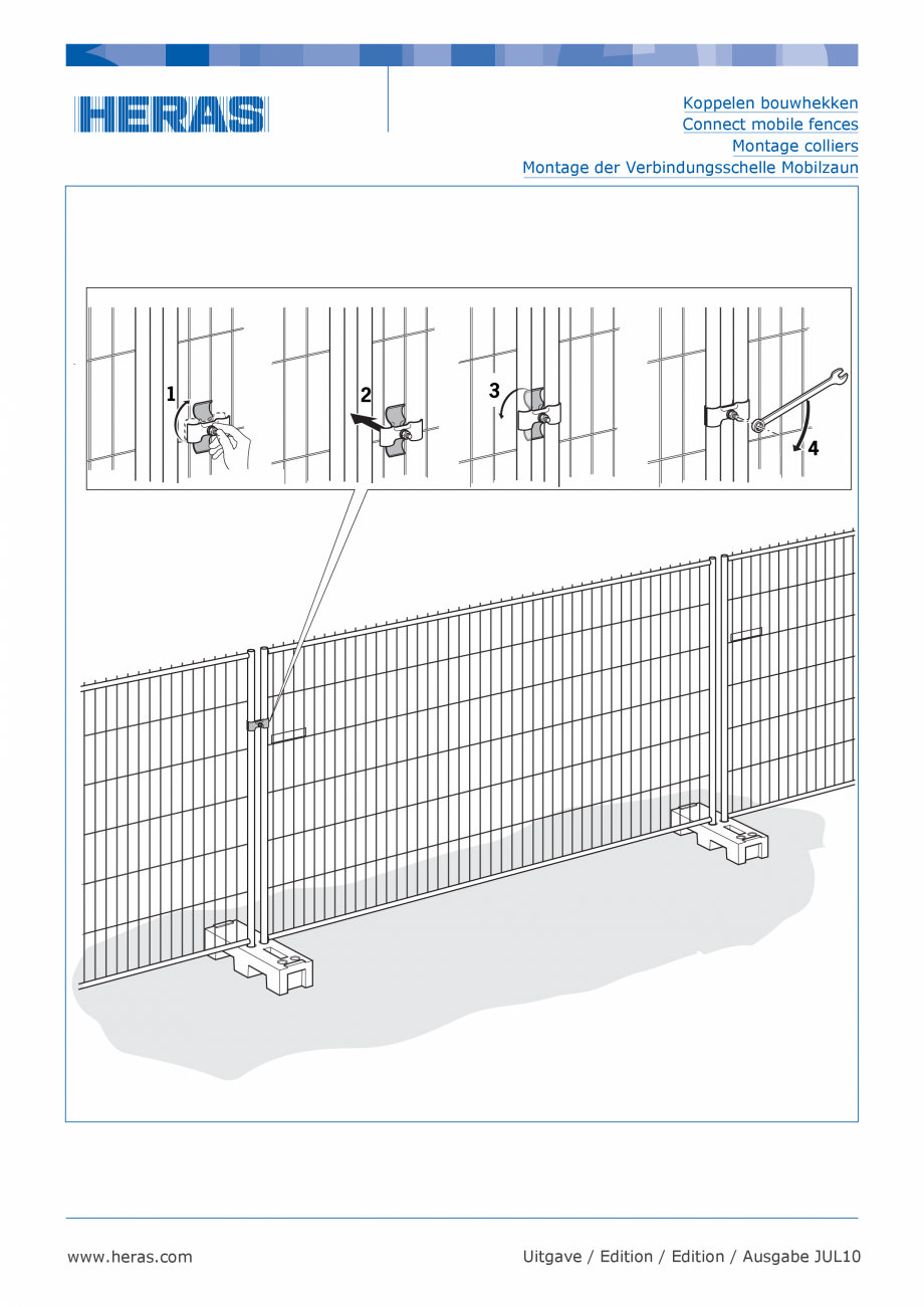 Pagina 1-Montajul gardurilor mobile HERAS M400, M350 Instructiuni montaj, utilizare Engleza Koppelen...