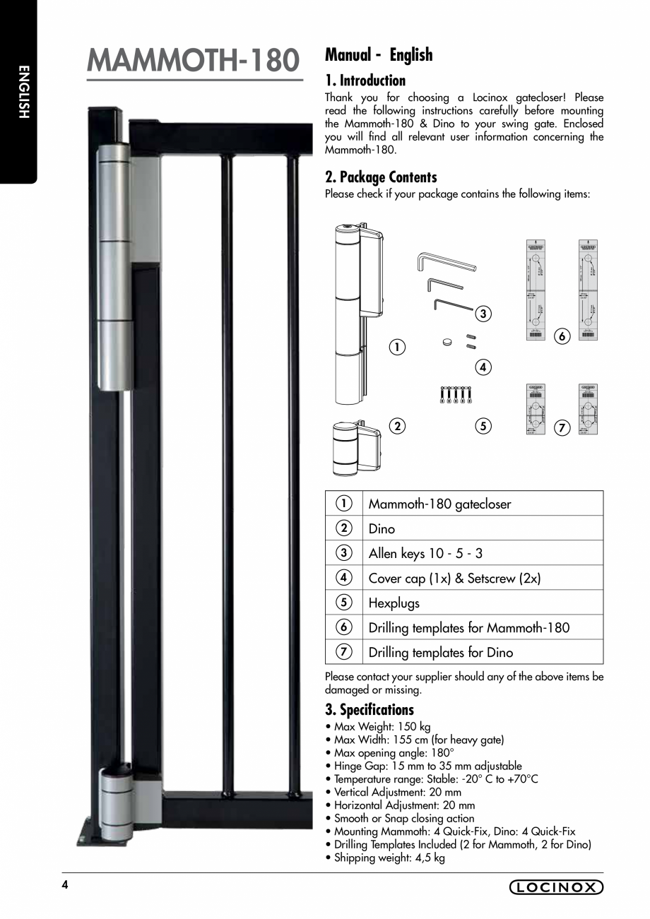 Pagina 4-Balama pentru porti pietonale - MAMMOTH 180 LOCINOX Instructiuni montaj, utilizare Engleza, Germana,...
