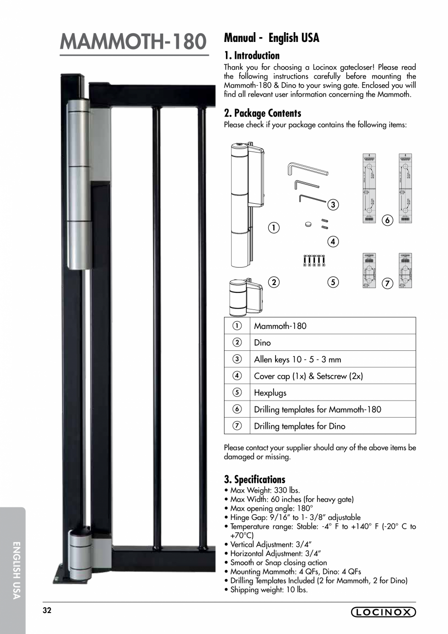 Pagina 32-Balama pentru porti pietonale - MAMMOTH 180 LOCINOX Instructiuni montaj, utilizare Engleza, Germana,...