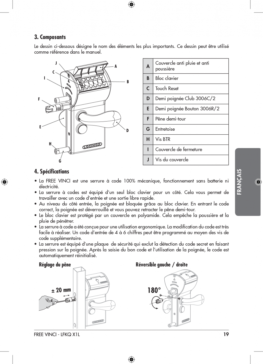 Pagina 20-Incuietoare cu cifru pentru porti pietonale - FREE VINCI LOCINOX LFKQ X1 Instructiuni montaj,...