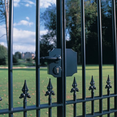 LOCINOX Poarta neagra cu ornamentatii pe un teren de golf - Feronerie accesorii si componente pentru