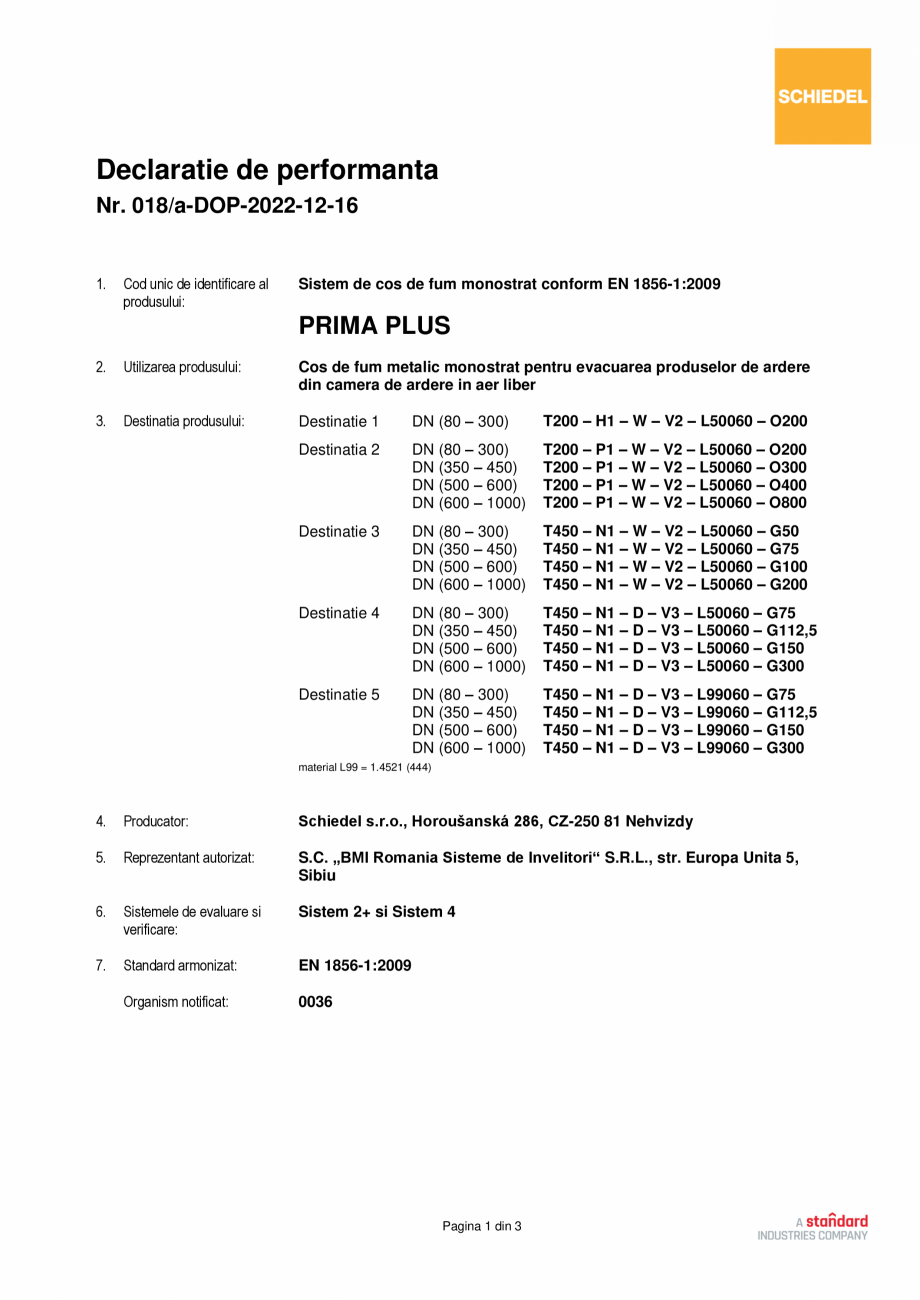 Pagina 1 - Declaratie de performanta - 16.12.2022 SCHIEDEL PRIMA PLUS Certificare produs Romana...