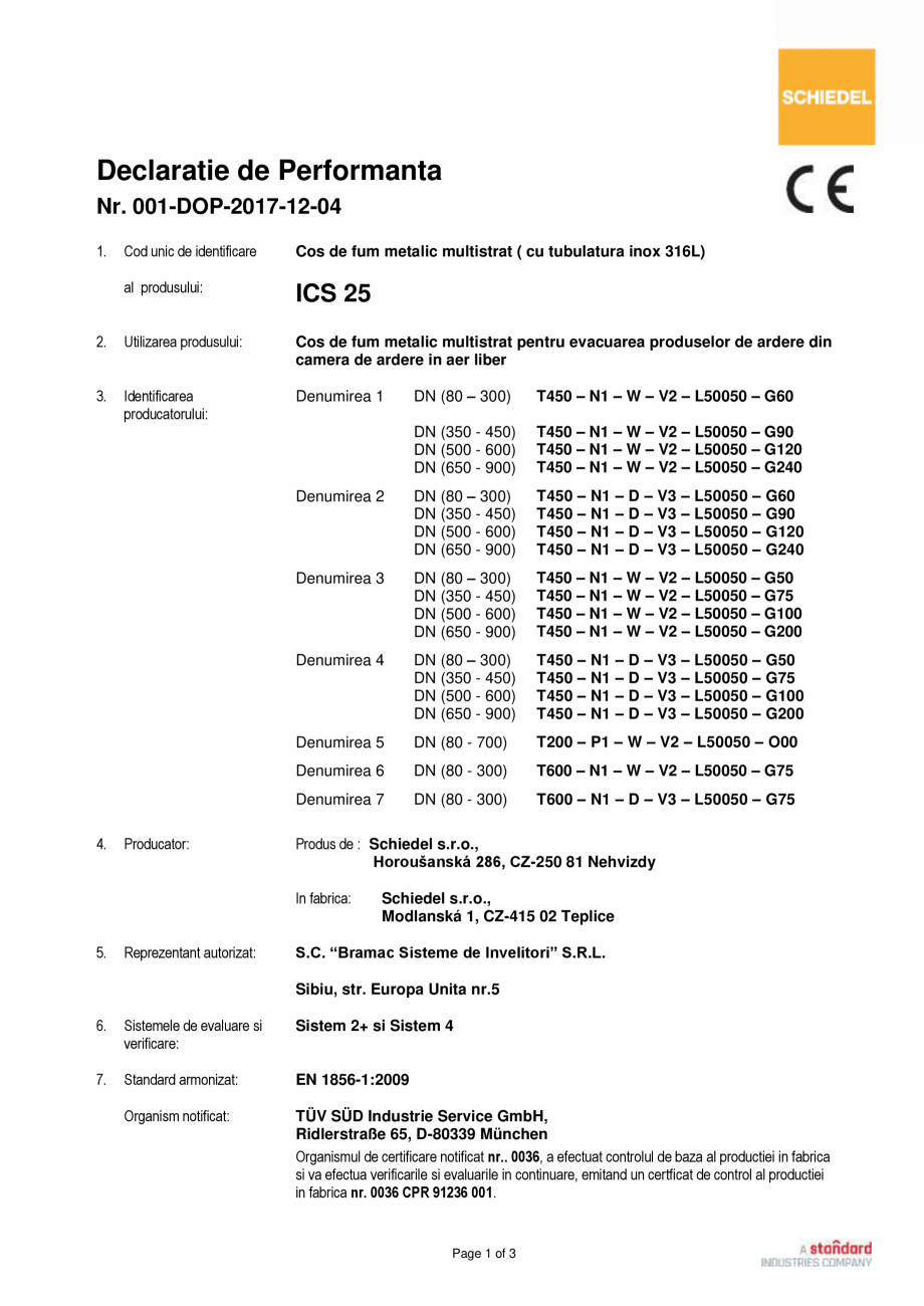 Pagina 1-Declaratie de performanta - 04.12.2017 SCHIEDEL ICS/ICS ECO Certificare produs Romana Declaratie de ...