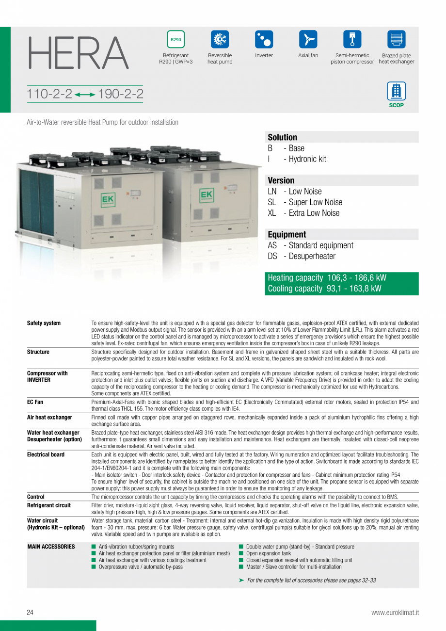 Pagina 1-Chiller cu propan HERA R290 Propan 114-190 kW EUROKLIMAT Fisa tehnica Engleza HERA
110-2-2

R290
...