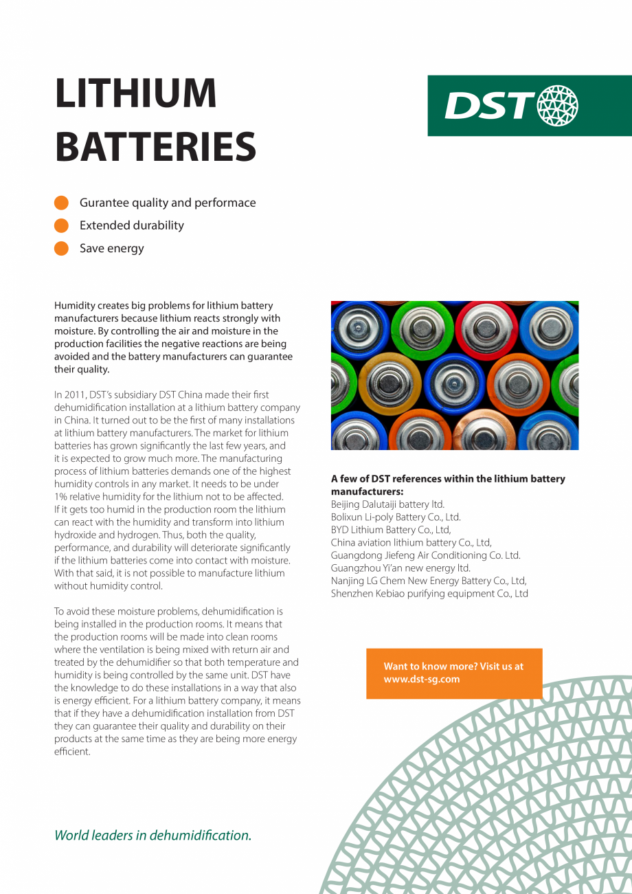 Pagina 1-Bateriile pe Lithium DST Catalog, brosura Engleza LITHIUM
BATTERIES
Gurantee quality and performace
...