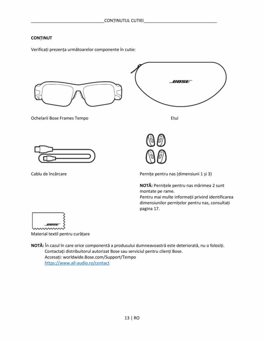Pagina 13 - Manual de utilizare pentru ochelarii Bose Frames BOSE  Frames Tempo, Frames Tenor,...