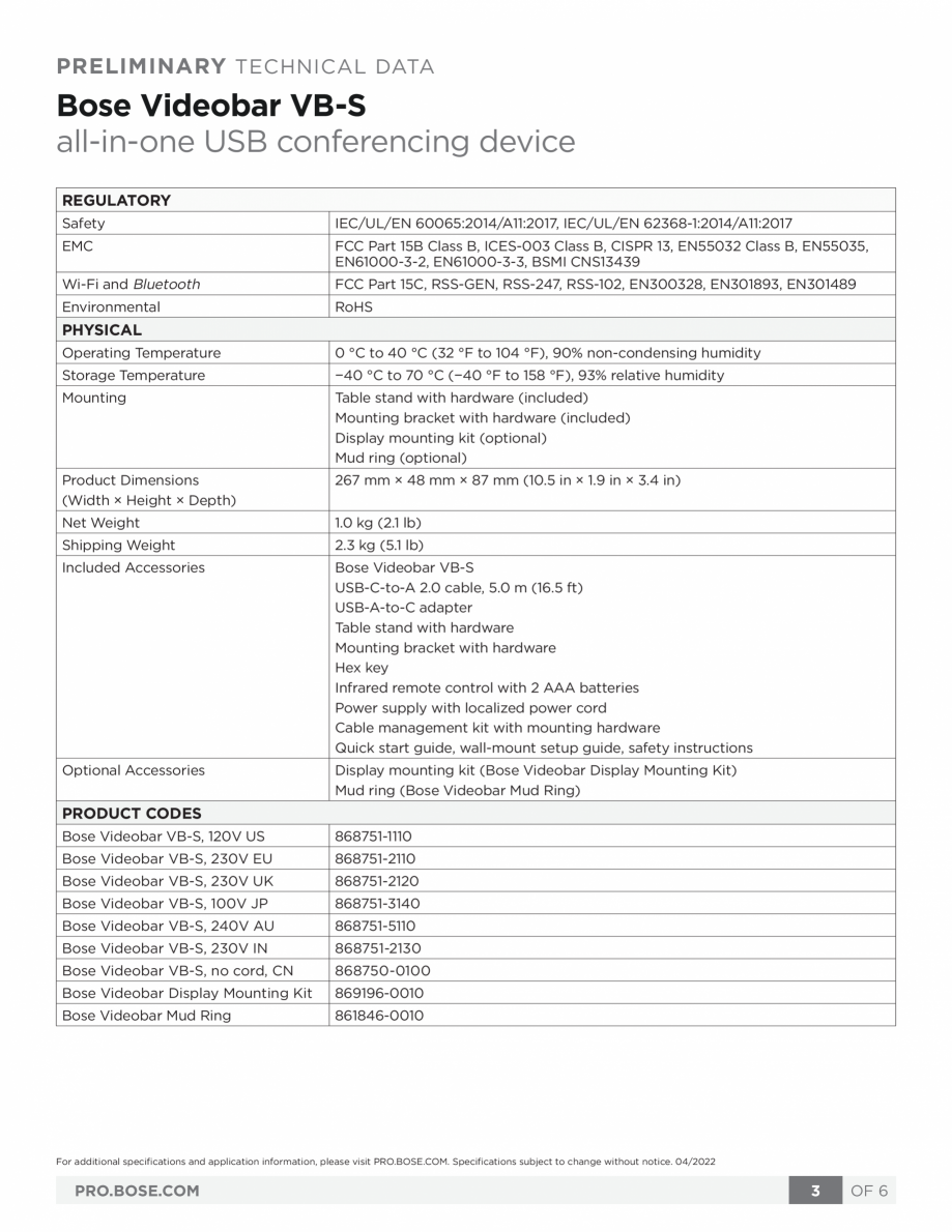 Pagina 3-Sistem Bose videobar BOSE Bose videobar VB-S Fisa tehnica Engleza platforms
Proprietary Bose...