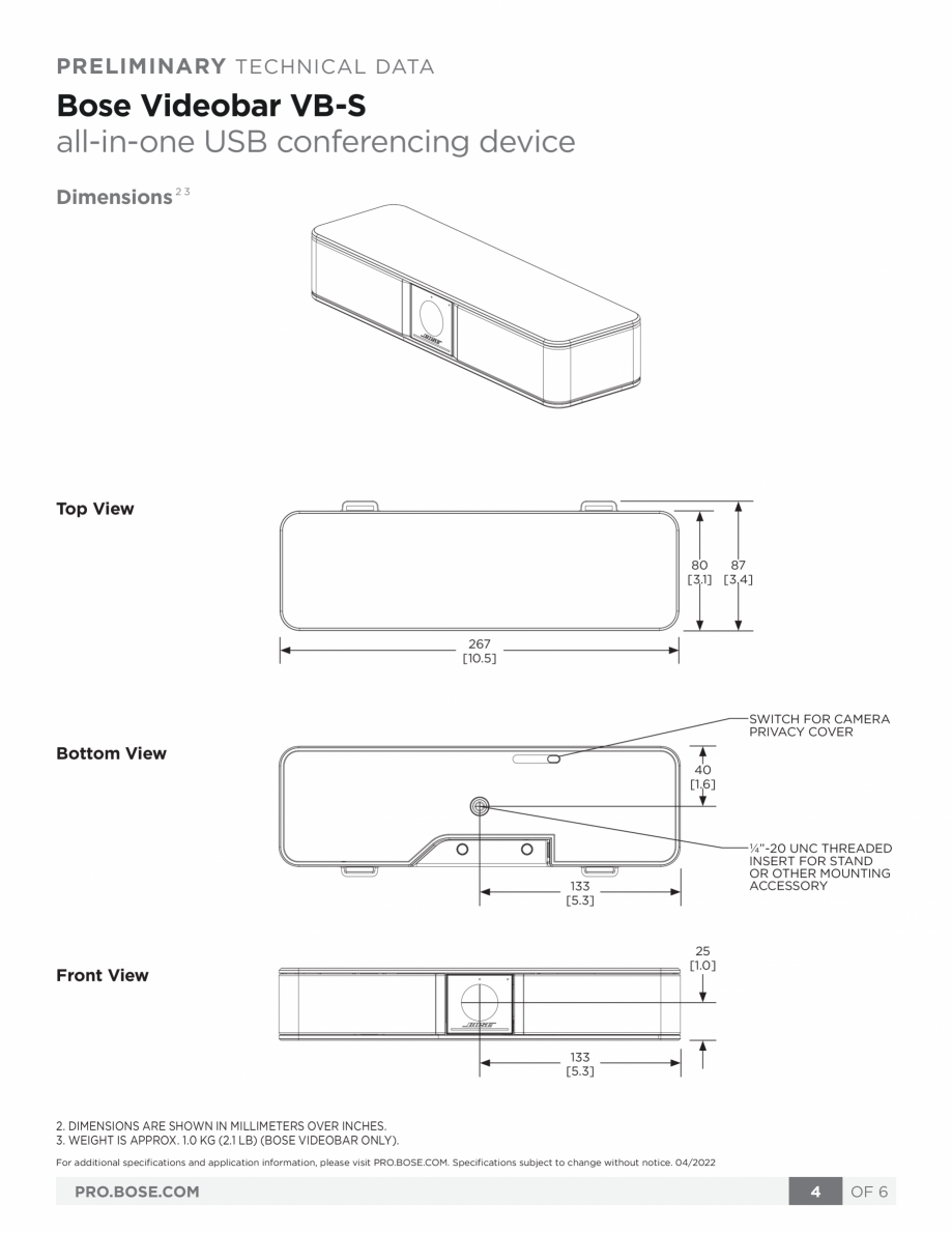 Pagina 4-Sistem Bose videobar BOSE Bose videobar VB-S Fisa tehnica Engleza y adjust volume, mute, pan, tilt, ...