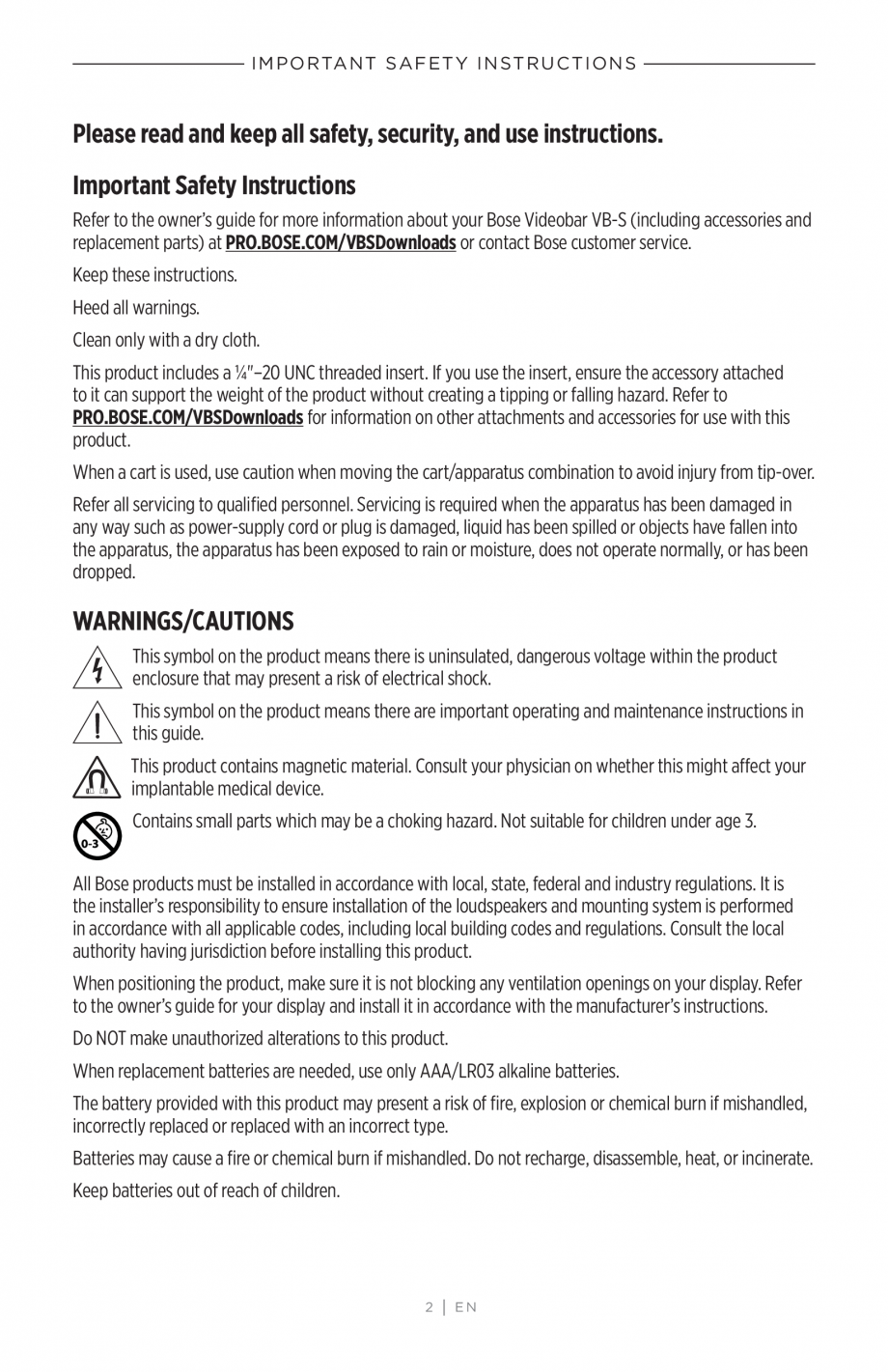 Pagina 2-Ghidul utilizatorului - Videobar BOSE Bose videobar VB-S Instructiuni montaj, utilizare Engleza quid...