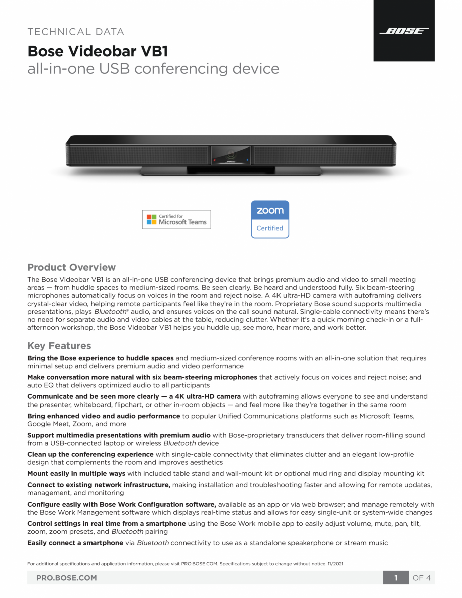 Pagina 1-Sistem Bose videobar BOSE Bose videobar VB1 Fisa tehnica Engleza TECHNICAL DATA

Bose Videobar VB1...